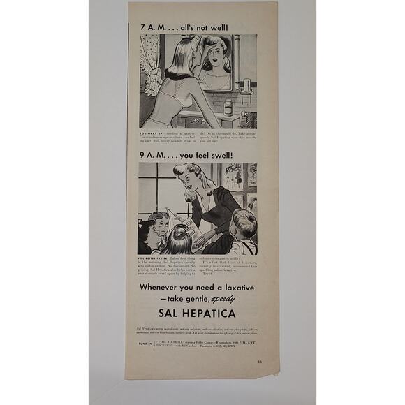 1943 Sal Hepatica Print Ad 7AM Not Well 9AM Swell Laxative Humor 1940s Ephemera - Picture 8 of 8